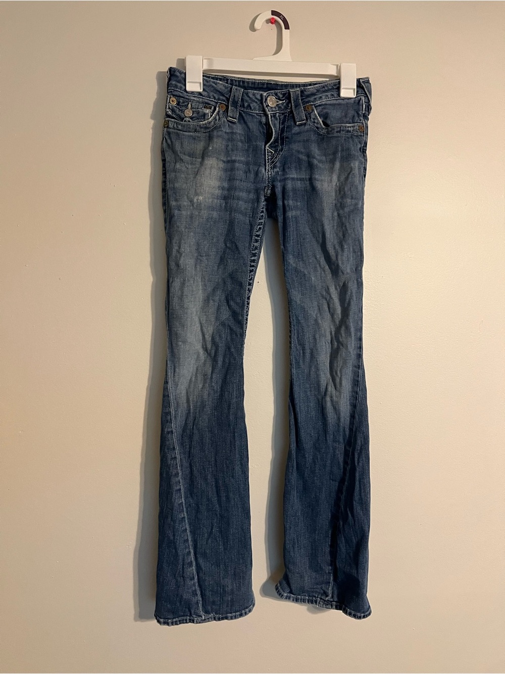 True Religion Women's Jeans Size 27 Low Rise Bootcut Flared Dark Wash Denim USA